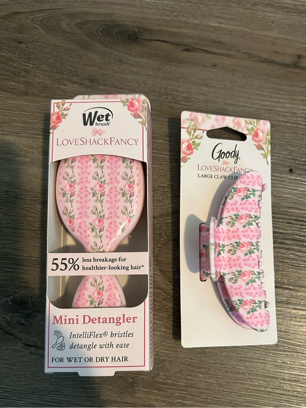LoveShackFancy Pink Floral Mini Detangler & Large Claw Clip Set